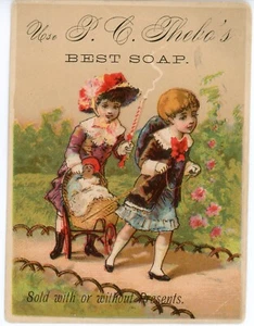 Victorian Trade Card P.C. Theba's Best Soap Children Babydoll Carriage - Picture 1 of 2