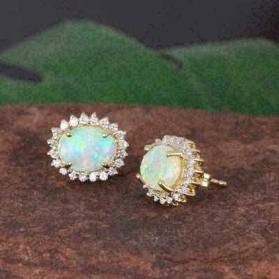 3Ct Oval Cut Lab Created Opal Diamond Halo Stud Earrings 14K Gold Plated - Image 1 of 4