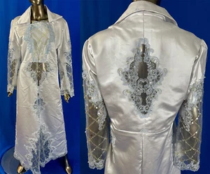 Vintage Custom Made White Satin Blue Lace Sequin Pearl Beaded Formal Maxi Dress - Picture 1 of 3