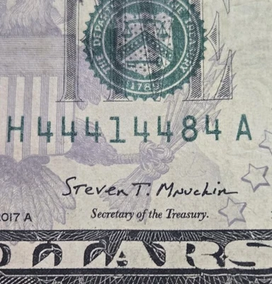 44414484 TRINARY 6 Of A Kind 4s Fancy Serial # $5 Dollar Bill 2017A Circulated  - Image 1 of 4