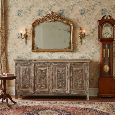 Antiguo aparador encalado tachuelas de latón rayos de sol tallado cofre buffet 70x36 Foto 1 de 4