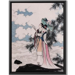 Chinese Couple Watching Sky Painting Canvas Print Framed Wall Art Asian Decor - Picture 1 of 9