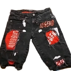 Encrypted Black Distressed Legend Patched Print Jeans shorts Size 8 - Picture 1 of 5