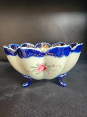 Antique Nippon Porcelain Footed Bowl, Pink Roses, Cobalt Blue Rim, 1891-1921,... - Image 1 of 4
