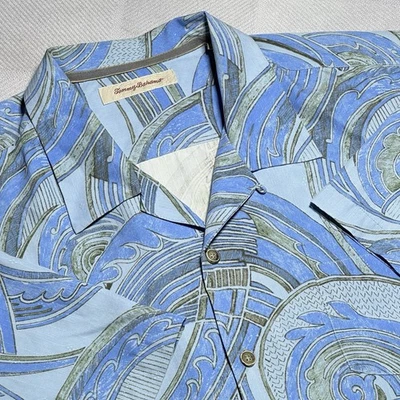 Camisa de campamento hawaiana Tommy Bahama para hombre 2XL azul abstracto olas del océano 100 % seda Foto 1 de 4