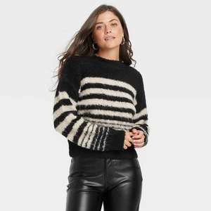 Women's Boucle Crewneck Pullover Sweater - Universal Thread Black/Cream Striped - Picture 1 of 3
