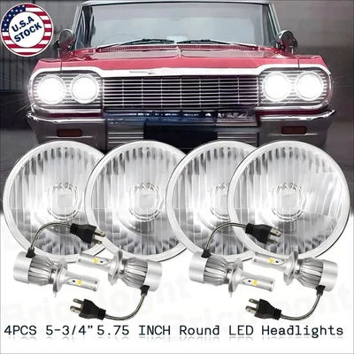 For 58-75 Chevy Impala El Camino 4PCS 5.75" 5 3/4 LED Headlights Halo DRL Hi/Lo - Image 1 of 4
