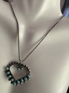 Vintage Sterling Silver Turquoise Petit Point Heart Pendant Necklace 24" - Picture 1 of 5