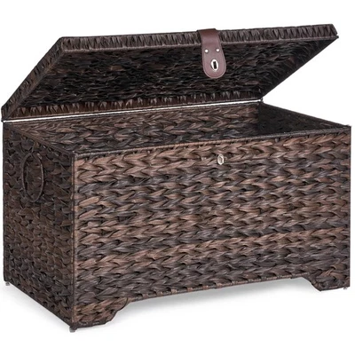 Handwoven Storage Basket with Lid, 165L Plastic Rattan Storage Bin, Leather B... - Image 1 of 4