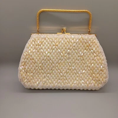 VTG Handmade La Regale White Iridescent Bead Sequin Fashion Purse Handbag Satin - Image 1 of 4