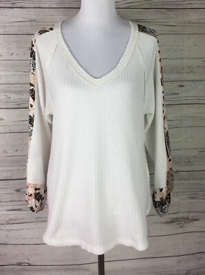 Blusa feminina Kori America tamanho S branca gola V malha waffle térmica manga longa - Imagem 1 de 4