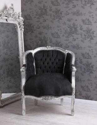 Poltrona a orecchioni Bergere poltrona barocca poltrona con braccioli nera argento poltrona camino antica - Immagine 1 di 4