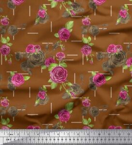Soimoi Cotton Poplin Fabric Leaves & Austin Rose Floral Print Fabric-d6l
