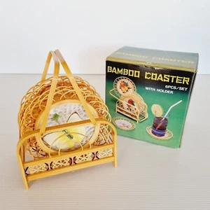 Set of 6 Wicker and Glass Butterfly Coasters with Storage Basket Boxed Retro - Picture 1 of 24
