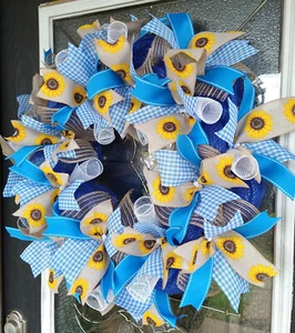 Country Blue Gingham Sunflower Deco Mesh Summer Fall Front Door Wreath Decor - Picture 1 of 6