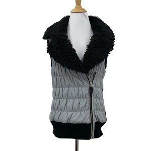 Calvin Klein Quilted Vest Womens S Small Black Gray Faux Fur Collar Moto Zip - Picture 1 of 13