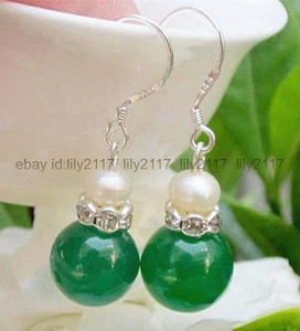 Pretty 12mm Green Jade 7-8MM White Pearl Silver Hook Drop Dangle Earrings - Picture 1 of 6