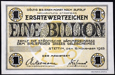 STETTIN / SZCZECIN 1923 ESPÉCIMEN SIN CATALOGAR ¡1 BILLÓN DE MARCOS! Alemania ahora Polonia Foto 1 de 2