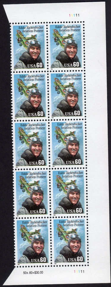 Scott #2998 Eddie Rickenbacker (Pilot) Plate Block Of 10 Stamps - MNH (Right) - Image 1 of 1