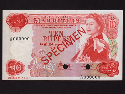Mauritius:P-31s,10 Rupees,1967 * Specimen Number 0001 * QEII * Sign 4 * AU * - Image 1 of 2