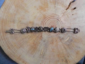 Sterling Silber .925, Türkis, Onyx, Granat Schiebe Charms ARMBAND 7 1/2" - Bild 1 von 6