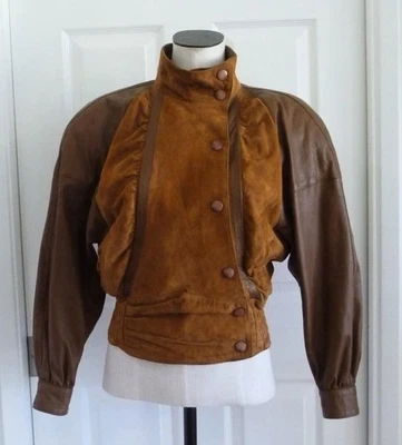 De Colección Años 80 Giorgio Valli Italia Alta Costura Castaño Gamuza y Cuero Chaqueta XS S p/o Conjunto Foto 1 de 4