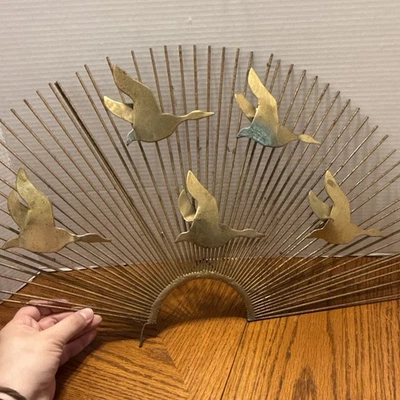 Vtg  MCM Distressed Brass Sunburst Birds In Flight Wall Art 27” Brutalist Read - Image 1 of 4