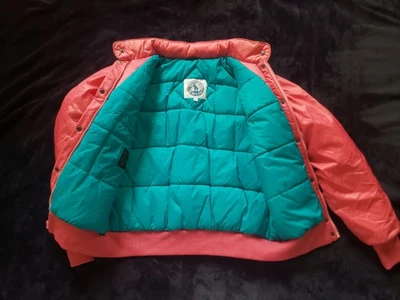 Womens L Ski Jacket Puffer Vintage White Stag Mountain Goat Pink Teal Retro 80s - Image 1 of 4