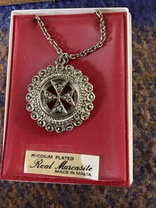 Rhodium Plated Marcasite Maltese Cross Necklace With 16 Inch Chain - Picture 1 of 6