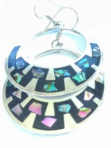 Vintage Sterling Mexico MOP Abalone Shell Inlay Hoop Earrings 2.25" 20.9g - Picture 1 of 8