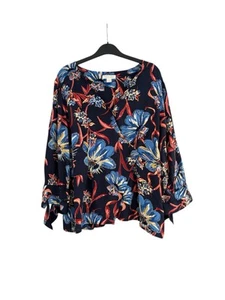 Monsoon Floral Blouse Top Size 14 Crossover Wrap 3/4 Sleeves V Neck Navy Blue - Picture 1 of 10