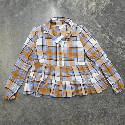 NWT Francesca's Plaid Peplum Top Womens L Long Sleeve Button Down - Image 1 of 4