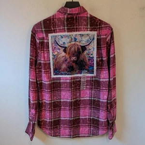NEW Angry Minnow Vintage Women's Pink Plaid Highland Cow Bleach Splatter Small - Picture 1 of 6