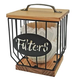 Coffee Filter Holder with Wooden Lid 2-5 Cup Rustic Black Wire Basket for Kit... - Picture 1 of 6