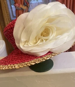FAB 60s Mr JOHN CHURCH HAT RED Straw/High Dome/Wide Brim HUGE White ROSE 7 1/4" - Picture 1 of 17