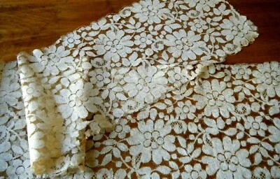 19C Authentic Antique silk blonde bobbin lace trim h made 52x 7.5" fragile  - Image 1 of 4