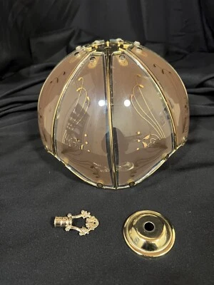 Vintage Brass And Pink Floral Glass Eight Panel Lampshade And Finial 9.5”W x 6”T - Image 1 of 4