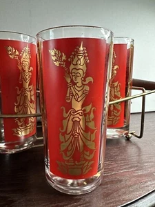 Culver Red Gold Siam Thai Goddess 8 Highball Drinking Glasses & Carrier Barware - Picture 1 of 19