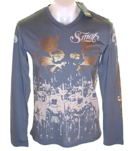 New Men's Smet Long Sleeve Foil Print V Neck T Shirt Christian Audigier Grey M L - Picture 1 of 2