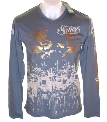 New Men's Smet Long Sleeve Foil Print V Neck T Shirt Christian Audigier Grey M L — 第 1/2 张图片