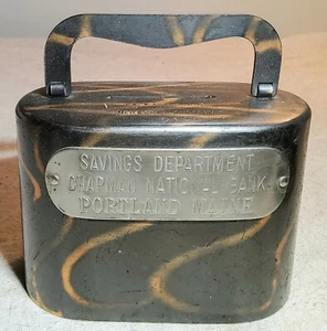 ANTIQUE SAVINGS DEPARTMENT CHAPMAN NATIONAL BANK PORTLAND, MAINE STEEL COIN BANK - Picture 1 of 11