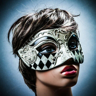 Venetian Eye Mask Classic Phantom Masquerade Ball Mask w/ Unique Silver Checker - Image 1 of 4