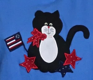 Jerzees Women's XL Blue Cotton Polyester T-Shirt 4th of July Tuxedo Cat w Flag - Picture 1 of 6