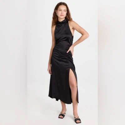 A.L.C Womens Inez Satin Midi Halter Side Slit Dress Black sz 10 - Image 1 of 4