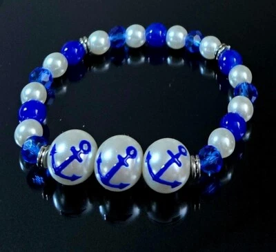 Anchor Bracelet Woman Stretch Handmade Glass Beaded Bracelet Blue Nautical  - Image 1 of 4