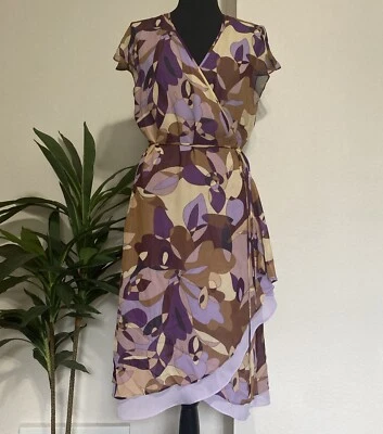 Express Sz 13/14 Y2K Silk Wrap Dress Purple Tan Geometric Flutter Sleeve Midi - Изображение 1 из 4