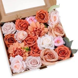Burnt Orange Artificial Flowers Fake Roses Peonies Box Set Wedding Fall Decor - Picture 1 of 8