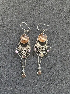 Handmade Glass Dangle Drop Earrings Scalloped Sea Shells F74 - Image 1 of 4