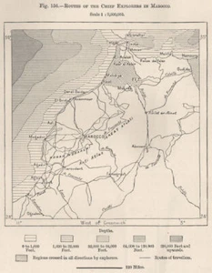 Routes of the chief explorers in Marocco. Morocco 1885 old antique map chart - Picture 1 of 1