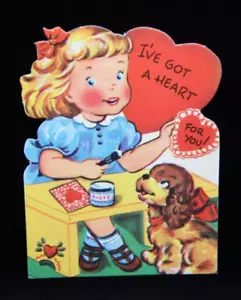 Vtg Gibson Die-Cut Valentine Card: Girl Craft Table Dog I'VE GOT A HEART FOR YOU - Picture 1 of 2
